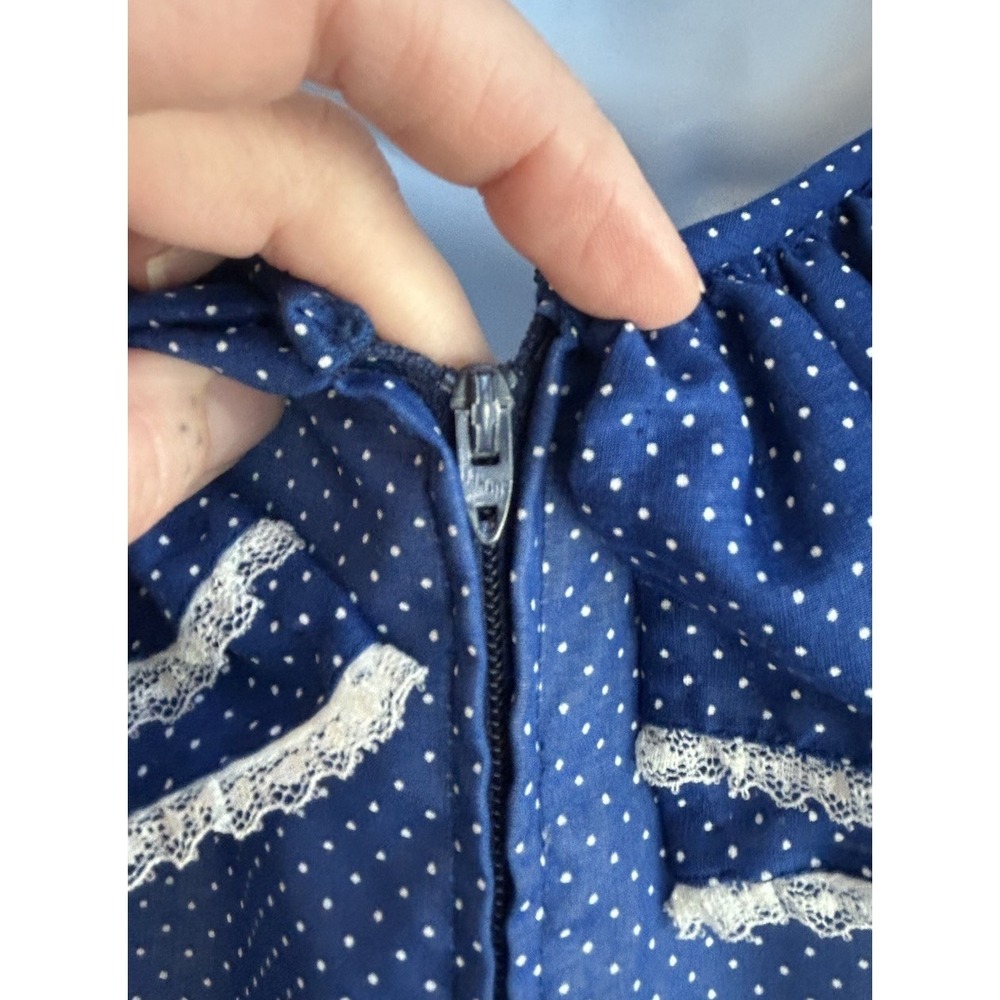 Vintage 1970s Handmade Prairie Dress S M Blue Polka Dot Lace Cottagecore Boho - Picture 8 of 9